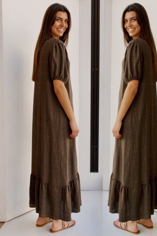 MAXI VESTIDO CHOCOLATE MANGA ABULLONADA