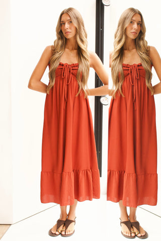 VESTIDO PALABRA DE HONOR TEJA