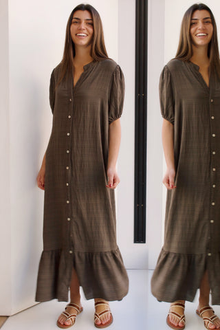 MAXI VESTIDO CHOCOLATE MANGA ABULLONADA