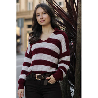 JERSEY CUELLO POLO RAYAS GRANATE Y CRUDO
