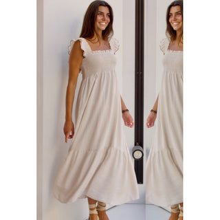 VESTIDO NIDO DE ABEJA CRUDO MANGA VOLANTE