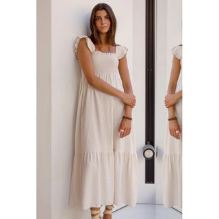 VESTIDO NIDO DE ABEJA CRUDO MANGA VOLANTE